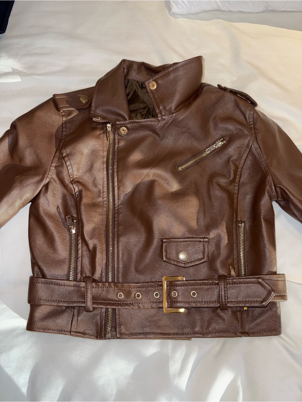 Fashion Nova Brown Faux Leather Moto Blazer with Belt